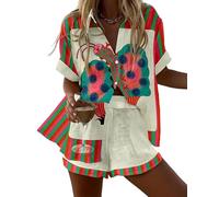 famesale Damen Sommer Hawaiian Outfits Vögel Blumen 3D-Druck Kurzarmshirt Top Kordelshorts 2-teiliger Satz Urlaub Boho Tropische Strandbekleidung