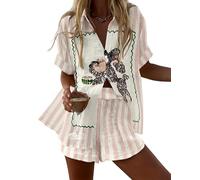 famesale Damen Sommer Hawaiian Outfits Vögel Blumen 3D-Druck Kurzarmshirt Top Kordelshorts 2-teiliger Satz Urlaub Boho Tropische Strandbekleidung
