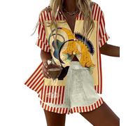 famesale Damen Sommer Hawaiian Outfits Vögel Blumen 3D-Druck Kurzarmshirt Top Kordelshorts 2-teiliger Satz Urlaub Boho Tropische Strandbekleidung