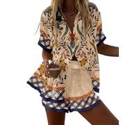 famesale Damen Sommer Hawaiian Outfits Vögel Blumen 3D-Druck Kurzarmshirt Top Kordelshorts 2-teiliger Satz Urlaub Boho Tropische Strandbekleidung