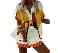 famesale Damen Sommer Hawaiian Outfits Vögel Blumen 3D-Druck Kurzarmshirt Top Kordelshorts 2-teiliger Satz Urlaub Boho Tropische Strandbekleidung