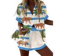 famesale Damen Sommer Hawaiian Outfits Vögel Blumen 3D-Druck Kurzarmshirt Top Kordelshorts 2-teiliger Satz Urlaub Boho Tropische Strandbekleidung