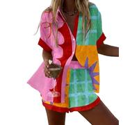 famesale Damen Sommer Hawaiian Outfits Vögel Blumen 3D-Druck Kurzarmshirt Top Kordelshorts 2-teiliger Satz Urlaub Boho Tropische Strandbekleidung