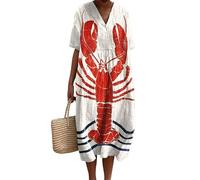 famesale Damen V-Ausschnitt Boho Maxikleid Sommer Langusten Rot Hummer Print Kurzarm Kleid Locker Casual Strand Urlaub Langes Kleid