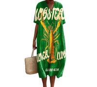 famesale Damen V-Ausschnitt Boho Maxikleid Sommer Langusten Rot Hummer Print Kurzarm Kleid Locker Casual Strand Urlaub Langes Kleid