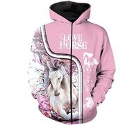 famesale Tier Schönes Pferd 3D-Gedruckter Herren Kapuzenpullover mit Reißverschluss Harajuku Mode Herbstjacke Kapuzenpullover Unisex Freizeit Sportbekleidung