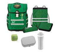 Familando Dinosaurier Schulranzen Set für Jungen 1.-4. Klasse, McNeill Ergo Complete Schultasche, Ergonomisch, Leicht 1.150 Gramm, Geräumig 20 L Volumen, Nachhaltig (8-teilig mit Lunch-Set)