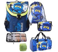 Familando - Easy Schulranzen Set 5-teilig - Lego Ninjago Blauer Ninja Jay - Ergonomisch, stabil & mit gepolstertem Rücken - 790g leicht mit 21L Volumen - mit Reflektoren - Ab 1. Klasse
