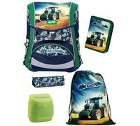 Familando - Ergo Premium Schulranzen Set - 5-teilig mit Federmappe - Traktor Blau Grün - Ergonomisch, stabil & mit verstellbarem Rückenpolster - 1000g - 20L Volumen - Mit Reflektoren - ab 1. Klasse