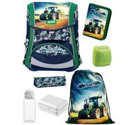Familando - Ergo Premium Schulranzen Set - 7-teilig mit Lunch-Set - Traktor Blau Grün - Ergonomisch, stabil & mit verstellbarem Rückenpolster - 1000g - 20L Volumen - Mit Reflektoren - ab 1. Klasse