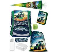 Familando - Ergo Premium Schulranzen Set - 8-teilig mit Schultüte - Traktor Blau Grün - Ergonomisch, stabil & mit verstellbarem Rückenpolster - 1000g - 20L Volumen - Mit Reflektoren - ab 1. Klasse