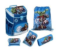 Familando Jungen Schulranzen 1. Klasse · Scooli Campus Fit Schultasche · ergonomisch & leicht · Schulranzen Set für Jungs und Mädchen (5-teiliges Set mit Federmappe, Marvel Avengers Hell-Blau)