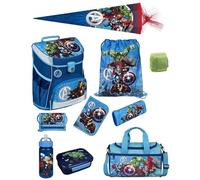 Familando Jungen Schulranzen 1. Klasse · Scooli Campus Fit Schultasche · ergonomisch & leicht · Schulranzen Set für Jungs und Mädchen (10-teiliges Set mit Schultüte, Marvel Avengers Hell-Blau)