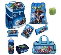 Familando Jungen Schulranzen 1. Klasse · Scooli Campus Fit Schultasche · ergonomisch & leicht · Schulranzen Set für Jungs und Mädchen (9-teiliges Set mit Sporttasche, Marvel Avengers Hell-Blau)