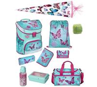 Familando Mädchen Schulranzen 1. Klasse · Scooli Campus Fit Schultasche · ergonomisch & leicht · Kinder Schulranzen Set für Mädchen (10-teilig mit Schultüte, Butterfly Türkis)