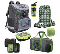 Familando Minecraft Schulranzen Set mit Brotdose, Trinkflasche und großer Sporttasche - Ergonomisch, Leicht, Robust, 17 Liter Volumen, 1,2 kG, wasserdichter Boden - Schultasche Jungen 1. Klasse