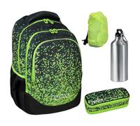 Familando neoxx Schulrucksack 4tlg. Set mit Schlamper-Box, Trinkflasche und Regenschutz-Hülle Rucksack für die Schule ergonomischer Schulranzen Schultasche 5. bis 12. Klasse (Pixel/Schwarz Grün)