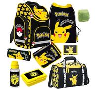 Familando Pokémon Schulranzen 1. Klasse · ergonomischer Tornister für Jungen und Mädchen · Pokemon Schultasche mit Pikachu Motiv im Set (9-teilig mit Lunch-Set und Sporttasche)