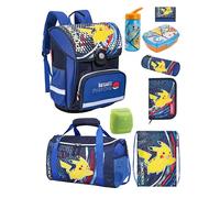 Familando Pokemon Schulranzen Set mit Dose, Flasche und Sporttasche für die 1. Klasse - Ergonomisch, Kompakt, 990 Gr. Leicht, 16 L Volumen, wasserdichter Boden - Schultasche mit Pikachu Motiv