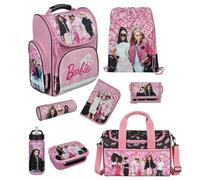 Familando Schulranzen 1. Klasse · ergonomischer Tornister · Schultasche für Jungen und Mädchen (9-teiliges Set mit Sporttasche, Barbie)