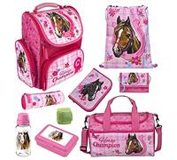 Familando Schulranzen 1. Klasse · ergonomischer Tornister · Schultasche für Jungen und Mädchen (9-teiliges Set mit Sporttasche, Pferde Pink)