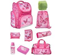 Familando Schulranzen 1. Klasse · ergonomischer Tornister · Schultasche für Jungen und Mädchen (9-teiliges Set mit Sporttasche, Butterfly Schmetterlinge Pink)