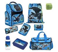 Familando Schulranzen 1. Klasse · ergonomischer Tornister · Schultasche für Jungen und Mädchen (9-teiliges Set mit Sporttasche, Dragons - Drachenzähmen Drache)