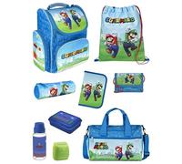 Familando Schulranzen 1. Klasse · ergonomischer Tornister · Schultasche für Jungen und Mädchen (9-teiliges Set mit Sporttasche, Super Mario Game)
