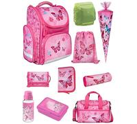 Familando Schulranzen 1. Klasse · ergonomischer Tornister · Schultasche für Jungen und Mädchen (Komplett Set mit Schultüte, Butterfly Schmetterlinge Pink)