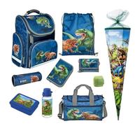 Familando Schulranzen 1. Klasse · ergonomischer Tornister · Schultasche für Jungen und Mädchen (Komplett Set mit Schultüte, Dinosaurier Dino-Welt)