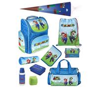 Familando Schulranzen 1. Klasse · ergonomischer Tornister · Schultasche für Jungen und Mädchen (Komplett Set mit Schultüte, Super Mario Game)