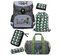 Familando - Schulranzen Set 6-teilig mit Federmappe - Minecraft - Ergonomisch, stabil & mit gepolstertem Rücken - 1250g leicht - 18L Volumen - Mit Reflektoren - Für Grundschule ab 1. Klasse