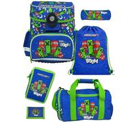 Familando - Schulranzen Set 6-teilig mit Federmappe - Minecraft - Ergonomisch, stabil & mit gepolstertem Rücken - 1250g leicht - 18L Volumen - Mit Reflektoren - Für Grundschule ab 1. Klasse