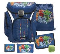 Familando - Schulranzen Set 6-teilig mit Federmappe - Ninjago Blau - Ergonomisch, stabil & mit gepolstertem Rücken - 1250g leicht mit 16L Volumen - wasserabweisend und mit Reflektoren - Ab 1. Klasse