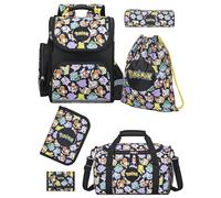 Familando - Schulranzen Set - 6-teilig mit Sporttasche - Pokémon (Pikachu Motiv) - Ergonomisch, stabil & mit gepolstertem Rücken - 1010g leicht - 18L Volumen - Mit Reflektoren - ab 1. Klasse