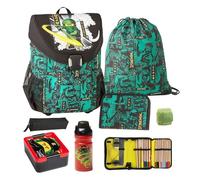 Familando - Schulranzen Set 7-teilig mit Lunch-Set - Lego Easy Green Ninjago - Ergonomisch, stabil & mit gepolstertem Rücken - 790g leicht mit 21L Volumen - mit Reflektoren - Ab 1. Klasse