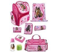 Familando - Schulranzen Set CLOU - 9-teilig mit Sporttasche - Pferde - Ergonomisch, stabil & mit gepolstertem Rücken - 930g leicht - 15L Volumen - Mit Reflektoren - Für Grundschule ab 1. Klasse