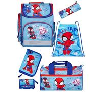 Familando - Schulranzen-Set für Spiderman Fans - Spidey & Friends - 6-teilig mit Sporttasche - Ergonomisch, stabil & mit gepolstertem Rücken - 930g leicht - 15L Volumen - Für Grundschule ab 1. Klasse