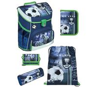 Familando - Scooli Campus Fit Schulranzen Set - 5-teilig mit Federmappe - Fußball Motiv Blau - Ergonomisch, Stabil & 980g leicht - 18L Volumen - Brustgurt & Reflektoren - Für Grundschule ab 1. Klasse