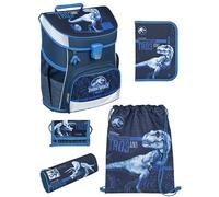 Familando - Scooli Campus Fit Schulranzen Set - 5-teilig mit Federmappe - Jurassic World Dinosaurier - Ergonomisch, Stabil & 980g leicht - 18L Volumen - Brustgurt & Reflektoren - Ab 1. Klasse