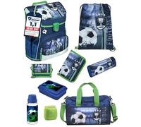 Familando - Scooli Campus Fit Schulranzen Set - 9-teilig mit Sporttasche - Fußball Motiv Blau - Ergonomisch, Stabil & 980g leicht - 18L Volumen - Brustgurt & Reflektoren - Für Grundschule ab 1. Klasse