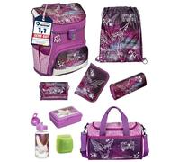 Familando - Scooli Campus Fit Schulranzen Set - 9-teilig mit Sporttasche - Pegasus Violett - Ergonomisch, Stabil & 980g leicht - 18L Volumen - Brustgurt & Reflektoren - Für Grundschule ab 1. Klasse