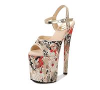 FamMe 20 cm Super-High-Heels für Damen, Bestickt, Bedruckt, Pumps, offene Zehen, Knöchelriemen, Plateau-Sandalen, Stiletto-Absätze, Hochzeits-Party-Kleiderschuhe,Rot,39