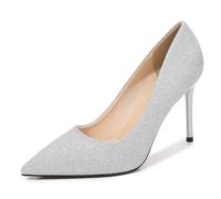 FamMe Damen Glitzer Pailletten High Stiletto Heels Geschlossene Spitze Spitze Kleid Pumps Hochzeit Party Arbeit Büro Slip On Schuhe 9,4 cm, silber, 43 EU