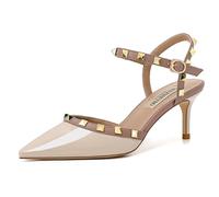 FamMe Damen Nieten-Stiletto-High-Heels mit Knöchelriemen, Spitze geschlossene Zehen-Pumps, Nieten-Slingback-Kleid, Hochzeits-Party-Pumps-Schuhe,Braun,39