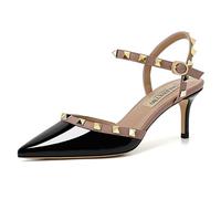 FamMe Damen Nieten-Stiletto-High-Heels mit Knöchelriemen, Spitze geschlossene Zehen-Pumps, Nieten-Slingback-Kleid, Hochzeits-Party-Pumps-Schuhe,Schwarz,35