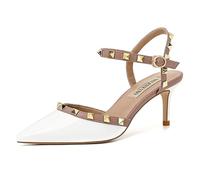 FamMe Damen Nieten-Stiletto-High-Heels mit Knöchelriemen, Spitze geschlossene Zehen-Pumps, Nieten-Slingback-Kleid, Hochzeits-Party-Pumps-Schuhe,Weiß,39