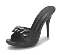 FamMe Damen Pantoletten mit Plateauabsatz, Stiletto-Sandalen, runde offene Zehenpartie, Schlupfschuhe, rückenfreie Pantoletten, High Heels, Slipper mit Kettenschnalle,Schwarz,40