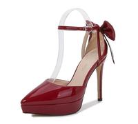 FamMe Damen PU-Leder-Plateau-High-Heels mit Knöchelriemen, Spitze, geschlossene Zehen-Stiletto-Pumps mit Schleife auf der Rückseite, Hochzeits-Party-Abendschuhe,Burgundy,38