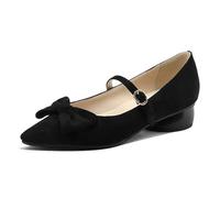 FamMe Damen Pumps aus Wildleder, spitz zulaufend, geschlossene Zehenpartie, klobiger Blockabsatz, niedriger Absatz, mit Schleife, Knöchelriemen, Elegante Hochzeits-/Ballschuhe,Schwarz,39